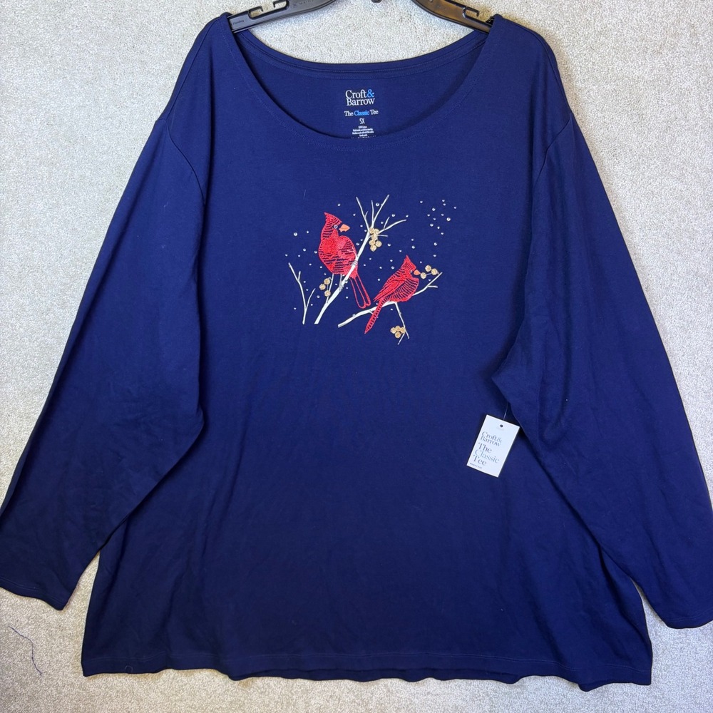Croft & Barrow Graphic Tee Womens 5X Navy Blue Cardinal Bird Long Sleeve NEW